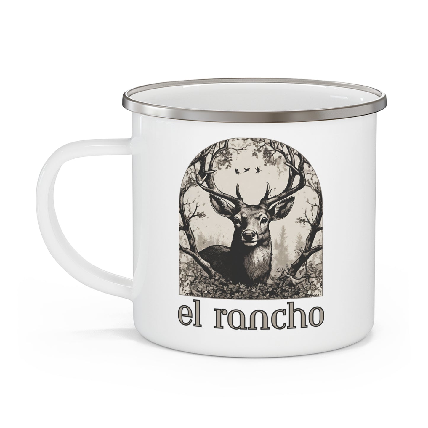 Deer Black And White Detailed El Rancho Black Logo Enamel Camping Mug
