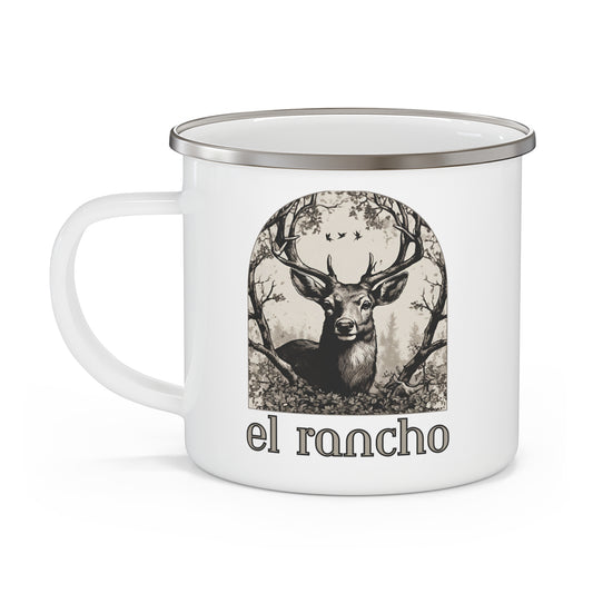 Deer Black And White Detailed El Rancho Black Logo Enamel Camping Mug